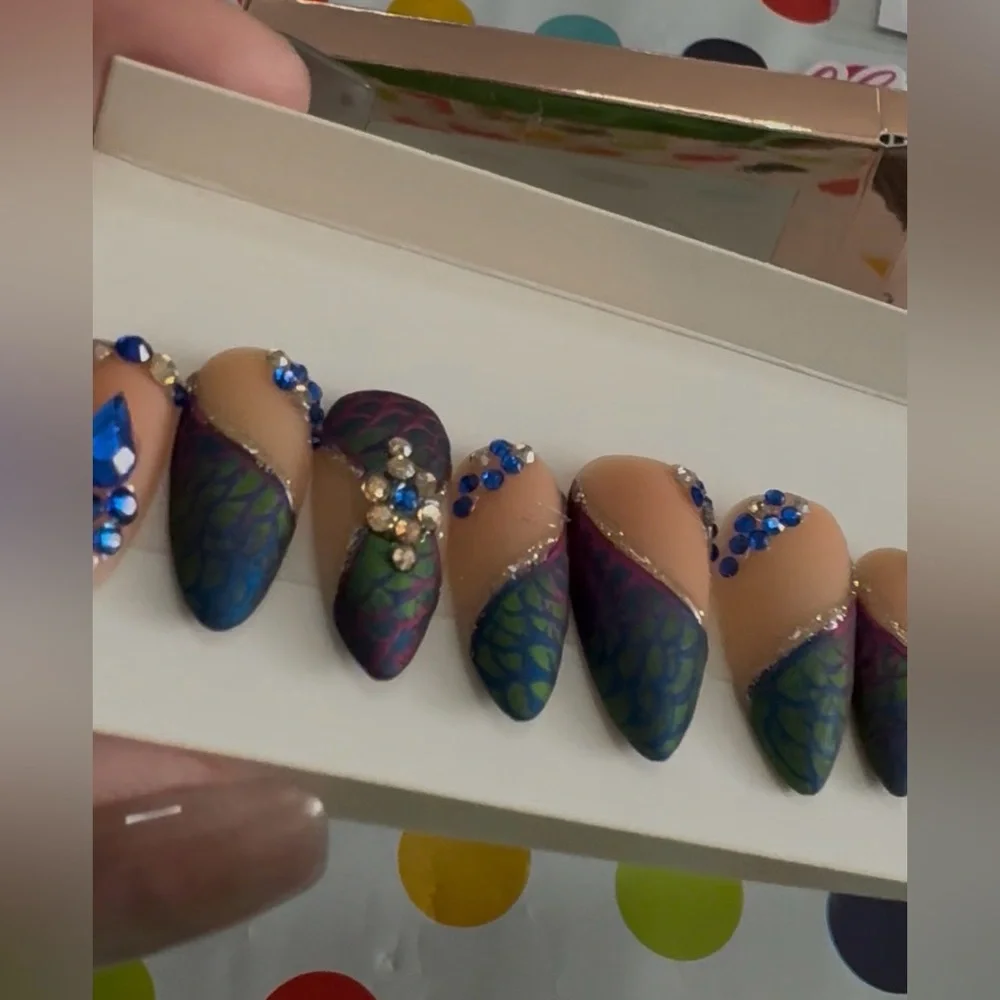 NWT Custom Size L Gorgeous Handmade Peacock Feather Design Press-On Nails Set - Picture 5 of 8